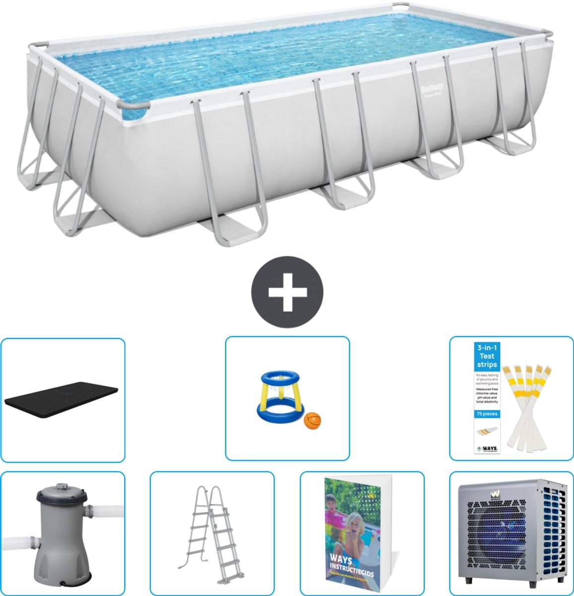 Bestway Rechthoekig Power Steel Zwembad - 488 x 244 x 122 - Grijs Inclusief Pomp - Ladder - Afdekzeil - Speelgoed - Warmtepomp - 8-delig