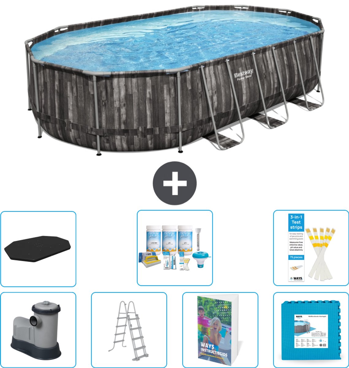 Bestway Ovaal Power Steel Zwembad - 610 x 366 x 122 - Grijs - Inclusief Pomp - Ladder - Afdekzeil - Onderhoudspakket - Vloertegels - 8-delig