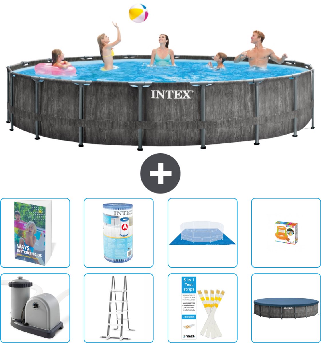 Intex Rond Prism Frame Greywood Zwembad - 549 x 122 cm - Inclusief Pomp - Ladder - Grondzeil - Afdekzeil - Filter - Speelgoed - 9-delig
