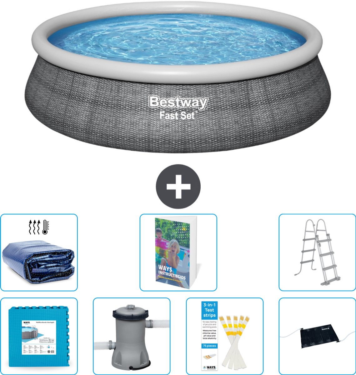 Bestway Rond Opblaasbaar Fast Set Zwembad - Rotanprint - 457 x 107 cm - Inclusief Pomp - Ladder - Solar Mat - Solarzeil - Vloertegels - 8-delig