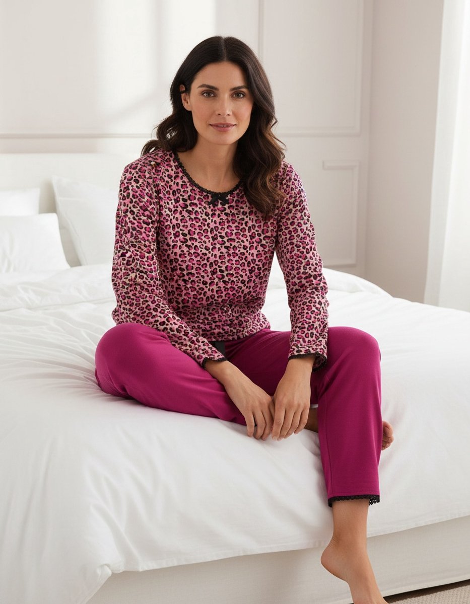 Irresistible Dames Pyjama - Lange Mouwen - Top met panterprint - Katoen - Roze Fuchsia