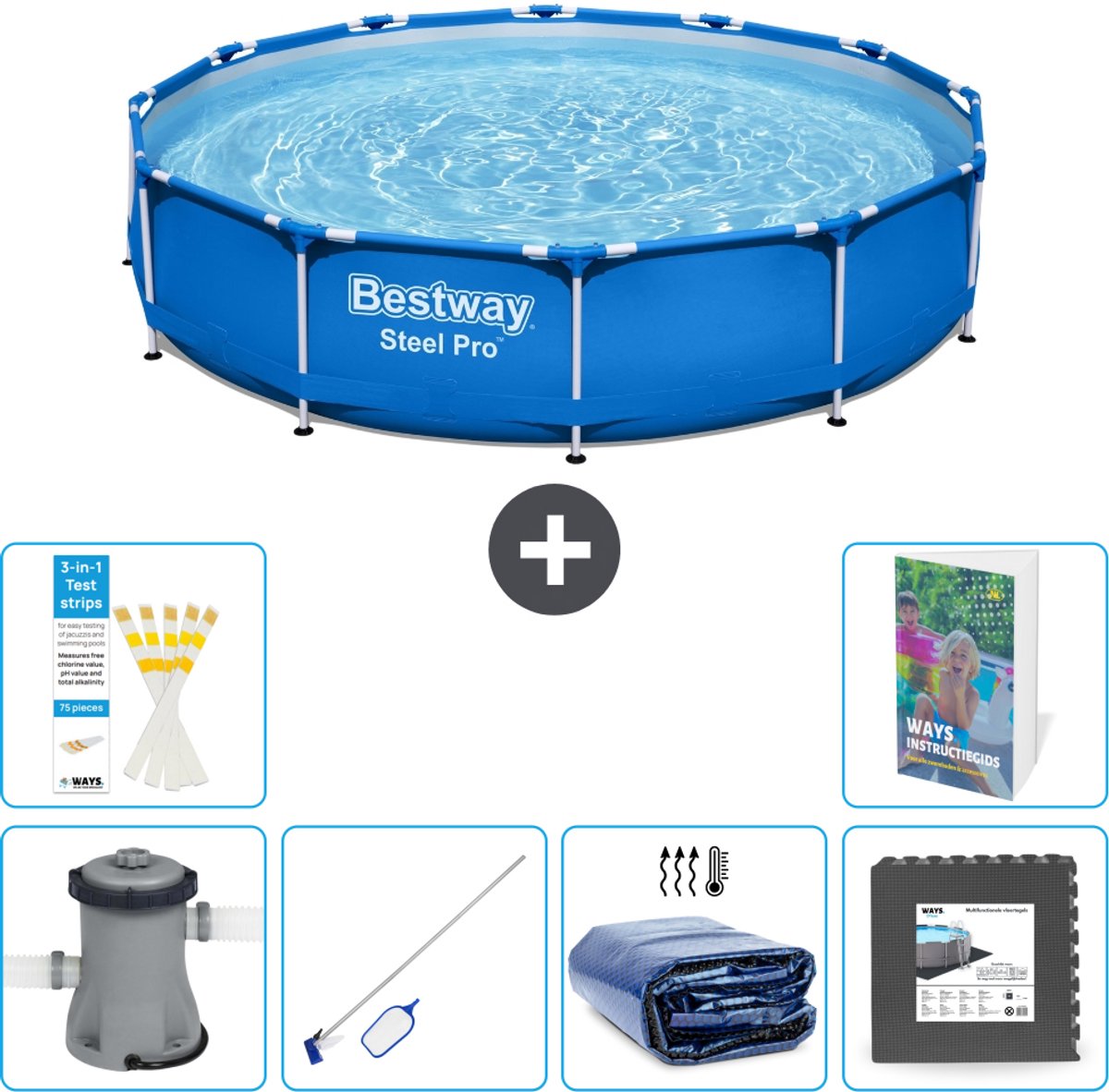 Bestway Rond Steel Pro Zwembad - 366 x 76 cm - Blauw - Inclusief Pomp - Schoonmaakset - Solarzeil - Vloertegels - 7-delig