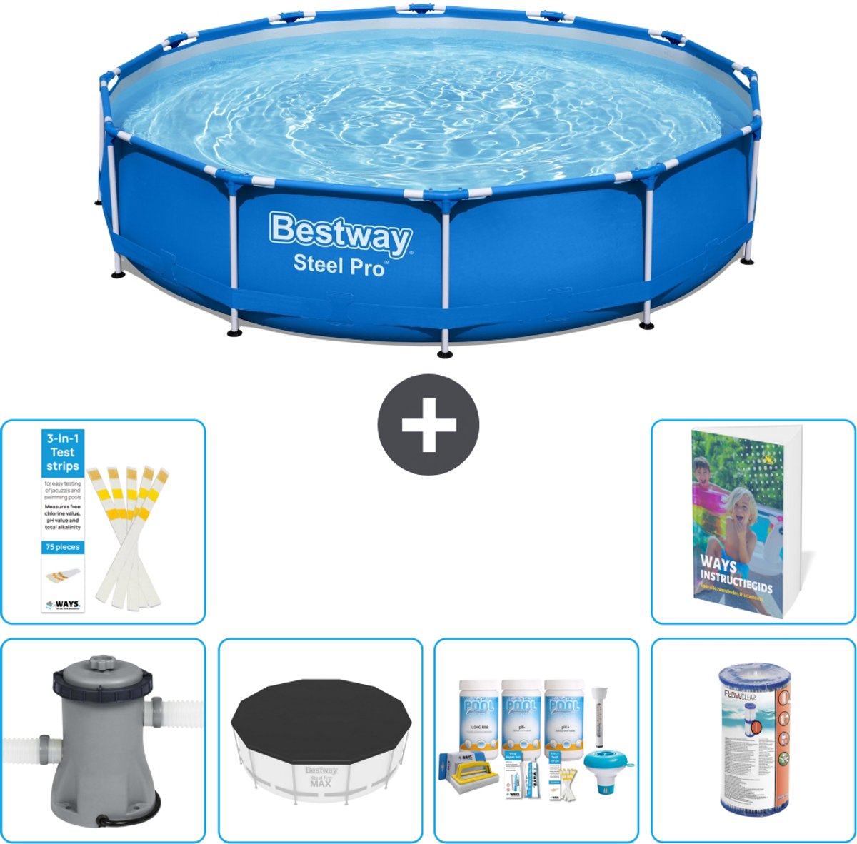 Bestway Rond Steel Pro Zwembad - 366 x 76 cm - Blauw - Inclusief Pomp - Afdekzeil - Onderhoudspakket - Filter - 7-delig