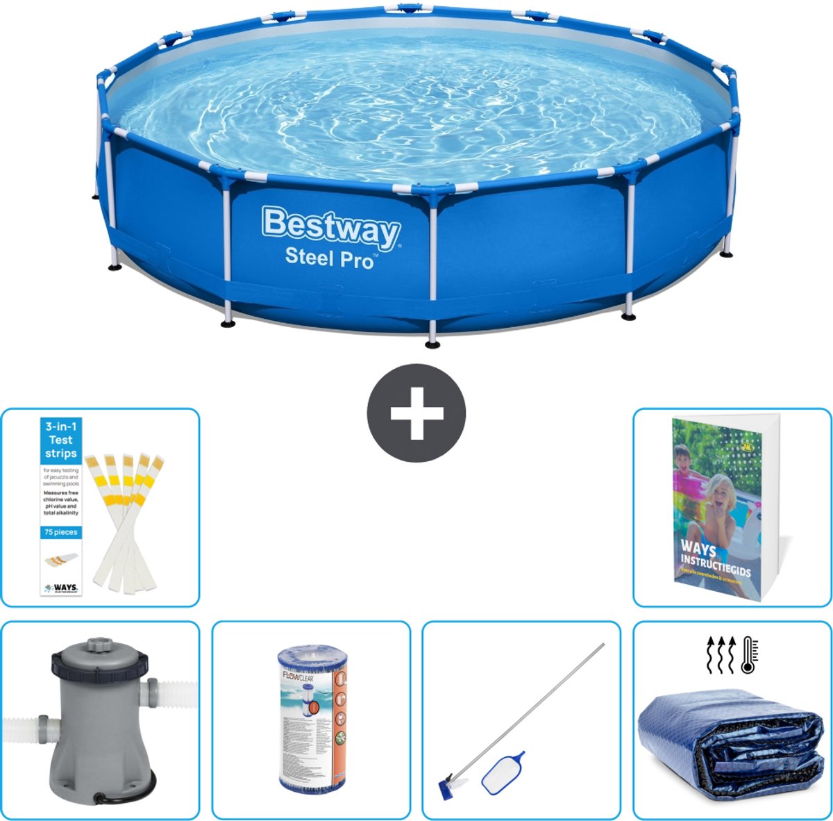 Bestway Rond Steel Pro Zwembad - 366 x 76 cm - Blauw - Inclusief Pomp - Filter - Schoonmaakset - Solarzeil - 7-delig