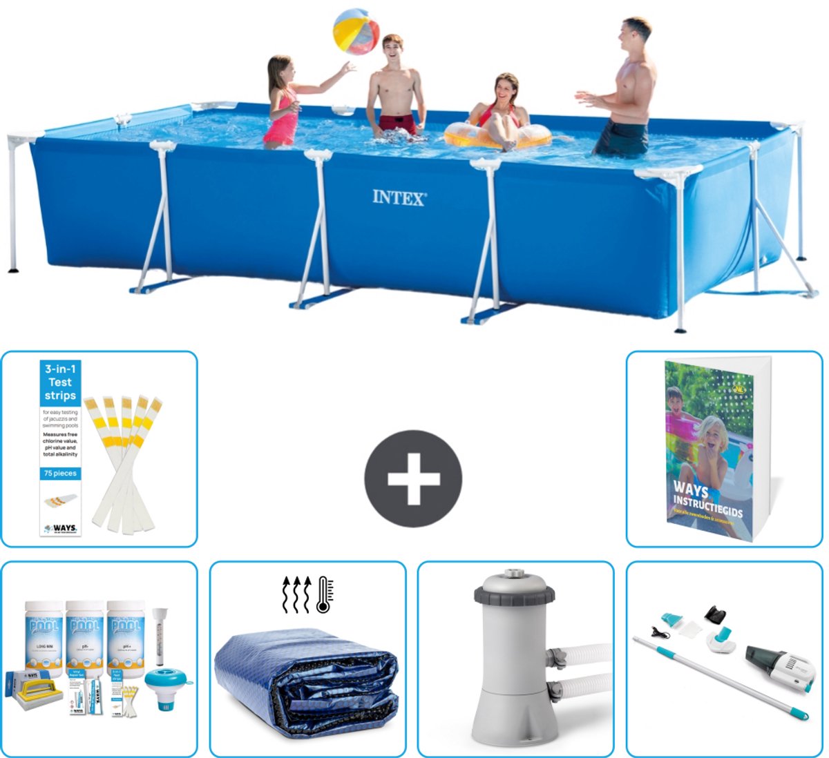 Intex Rechthoekig Frame Zwembad - 450 x 220 x 84 cm - Blauw - Inclusief Onderhoudspakket - Solarzeil - Zwembadfilterpomp - Stofzuiger - 7-delig