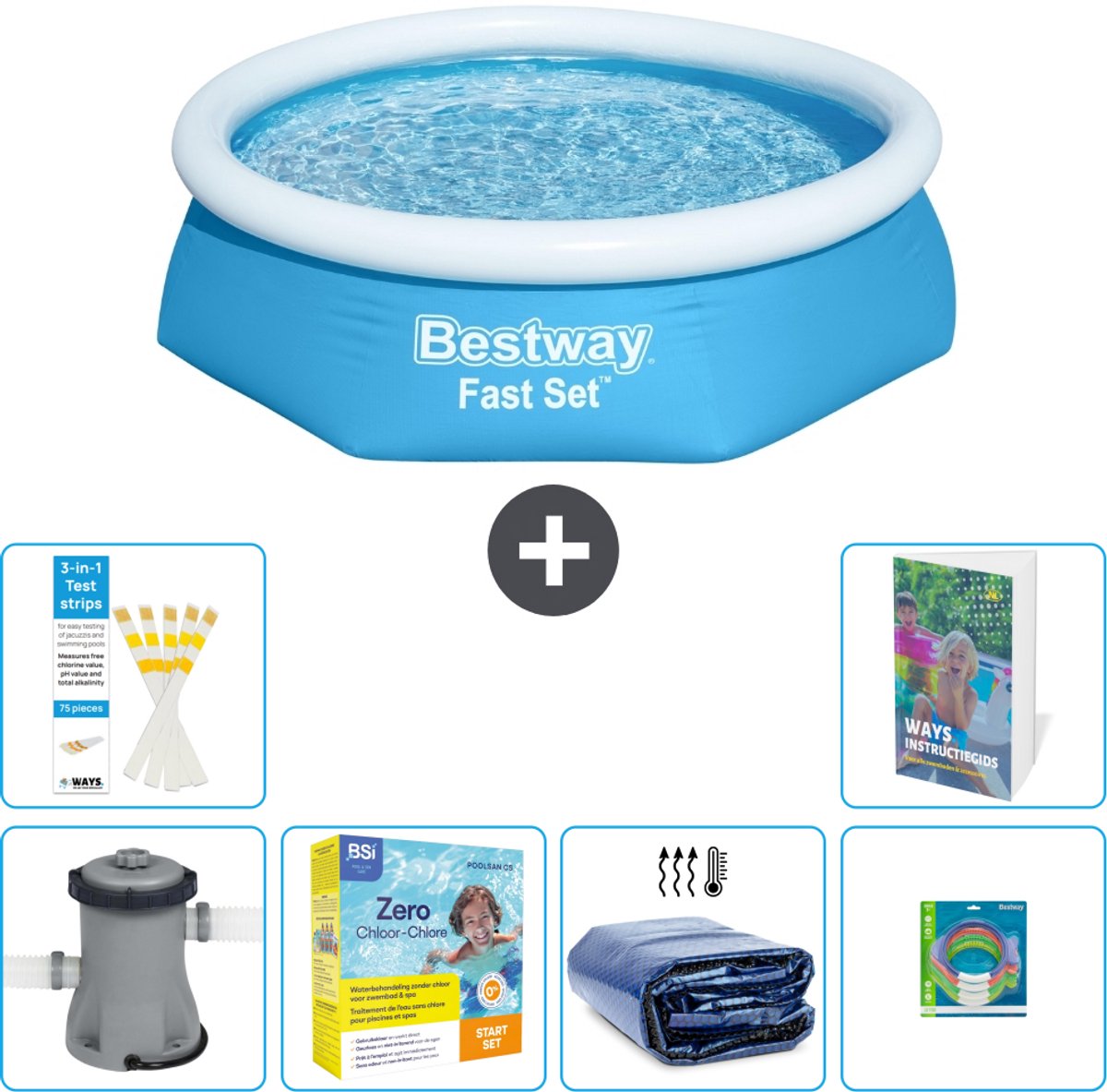 Bestway Rond Opblaasbaar Fast Set Zwembad - 244 x 61 cm - Blauw - Inclusief Pomp - Onderhoudspakket - Solarzeil - Speelgoed - 7-delig