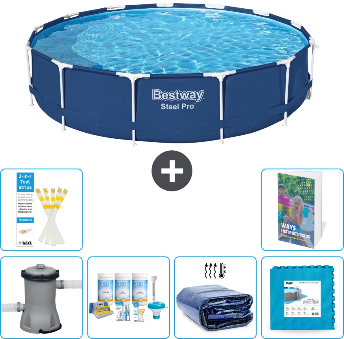 Bestway Rond Steel Pro Zwembad - 396 x 84 cm - Blauw - Inclusief Pomp - Onderhoudspakket - Solarzeil - Vloertegels - 7-delig
