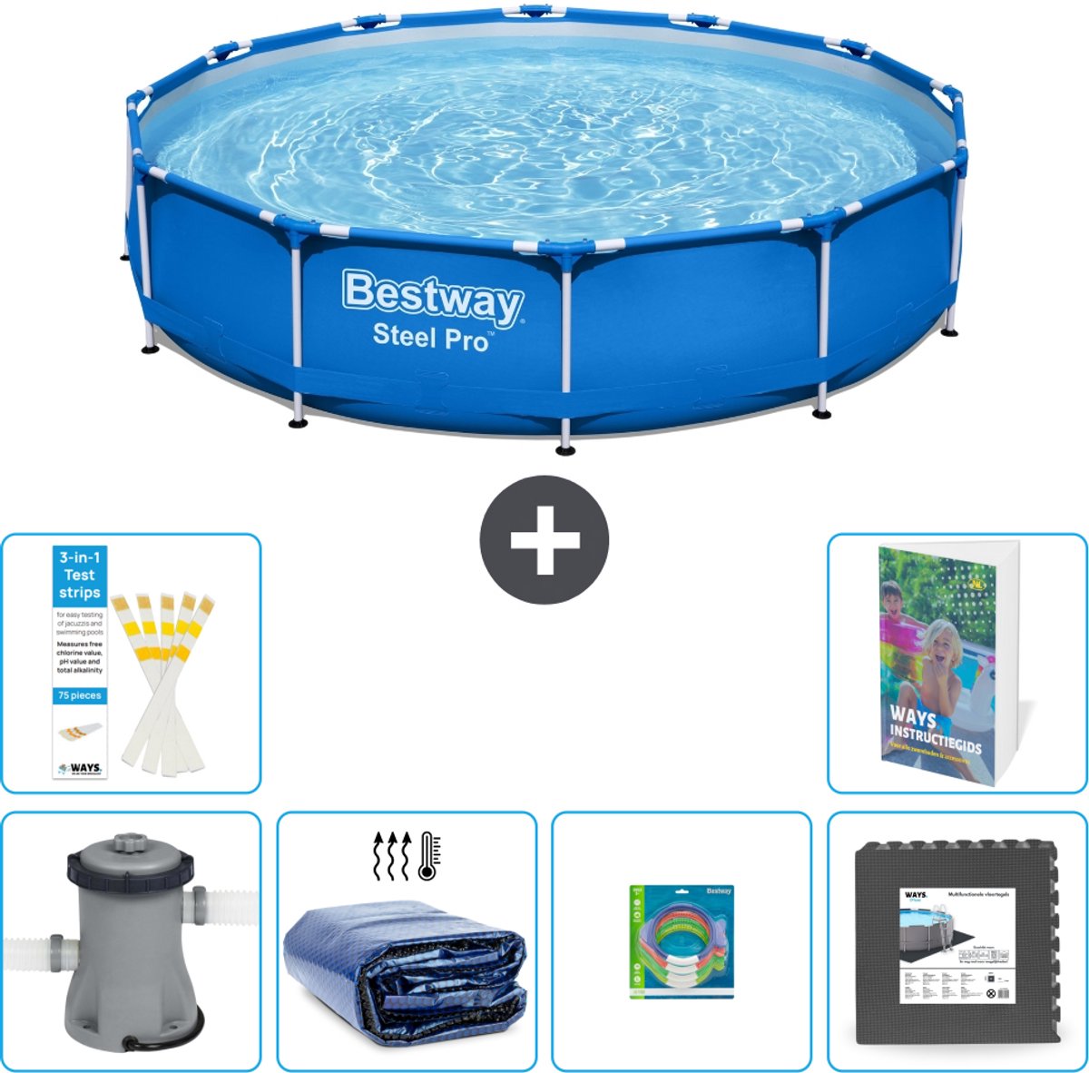 Bestway Rond Steel Pro Zwembad - 366 x 76 cm - Blauw - Inclusief Pomp - Solarzeil - Speelgoed - Vloertegels - 7-delig