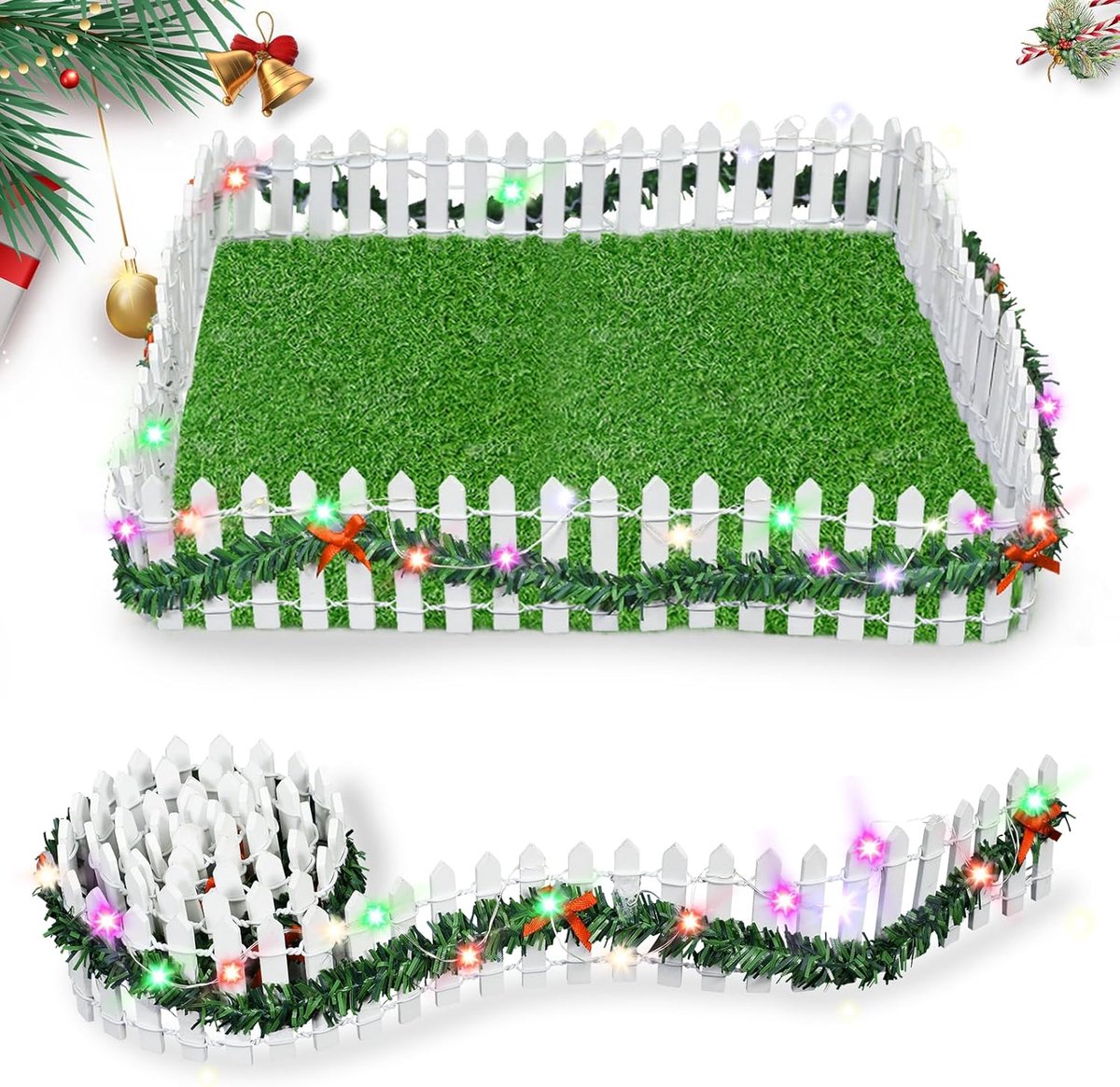 Wichtel accessoires Kerstmis miniatuur omheining houten hek, kabouterhuis kerstdecoratie verlichting tuinhek, poppenhuis mini kersthek met lichten (100 cm x 5 cm)