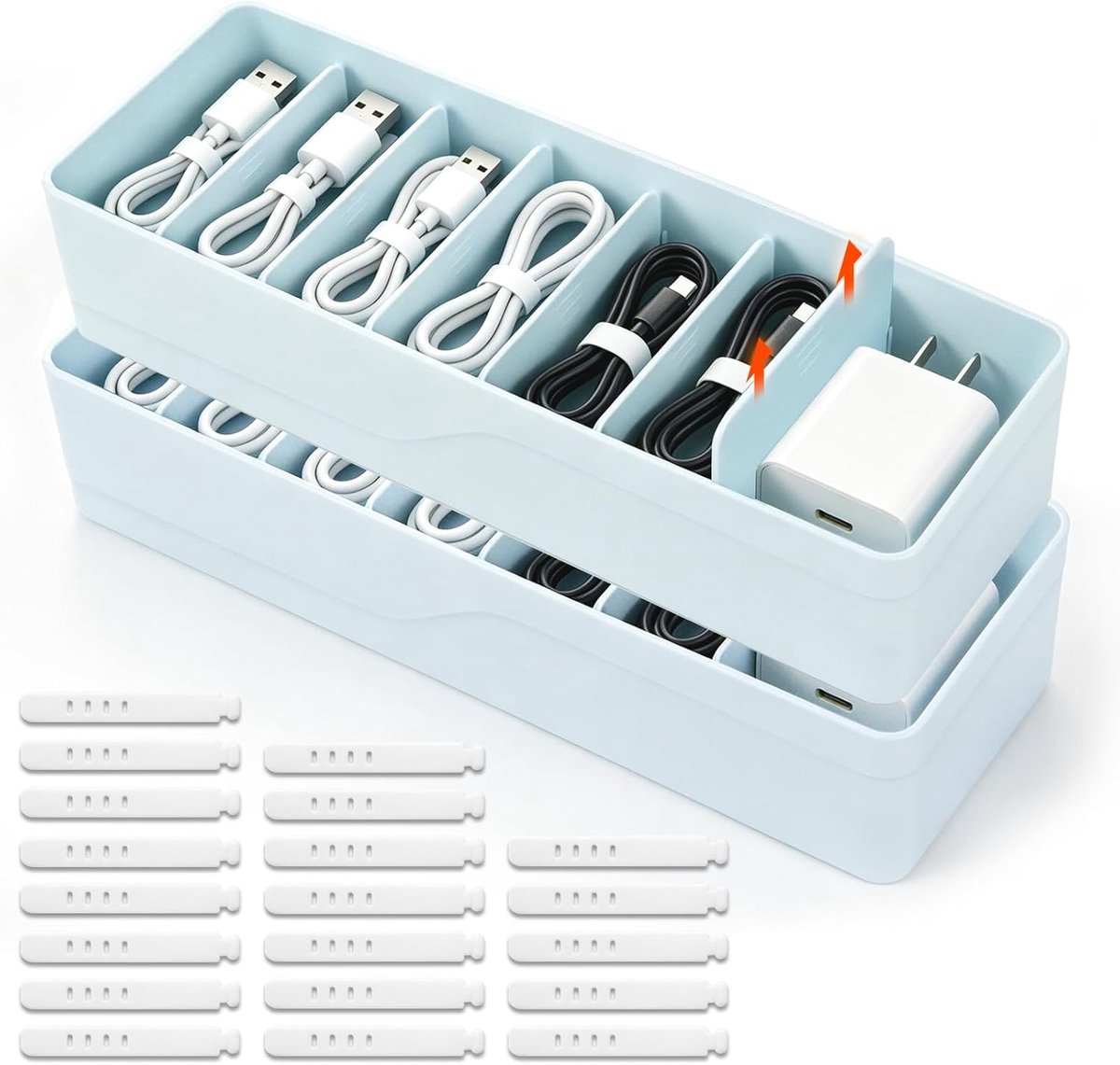 klein, 2 stuks, kabelorganizer, doos, datakabelorganizer, lichtblauw, met 20 siliconen kabelbinders, kabelvak voor het opbergen van datakabels, oplaadkabels op het bureau