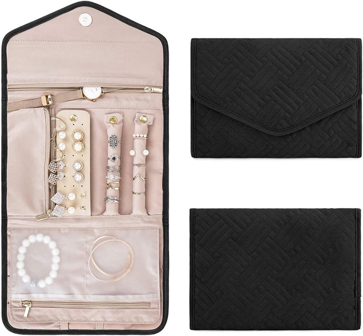 Opvouwbare sieradenopbergtas, reisorganizer, draagbare tas voor oorbellen, ringen, kettingen, armbanden - Cadeau voor vrouwen en meisjes - Zwart