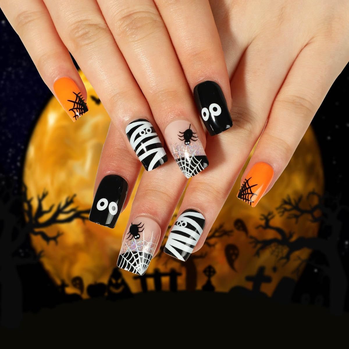 24 stuks Halloween nepnagels spinnenweb geesten maan kruis skelet kunstnagel press-on nagels voor vrouwen meisjes (A)