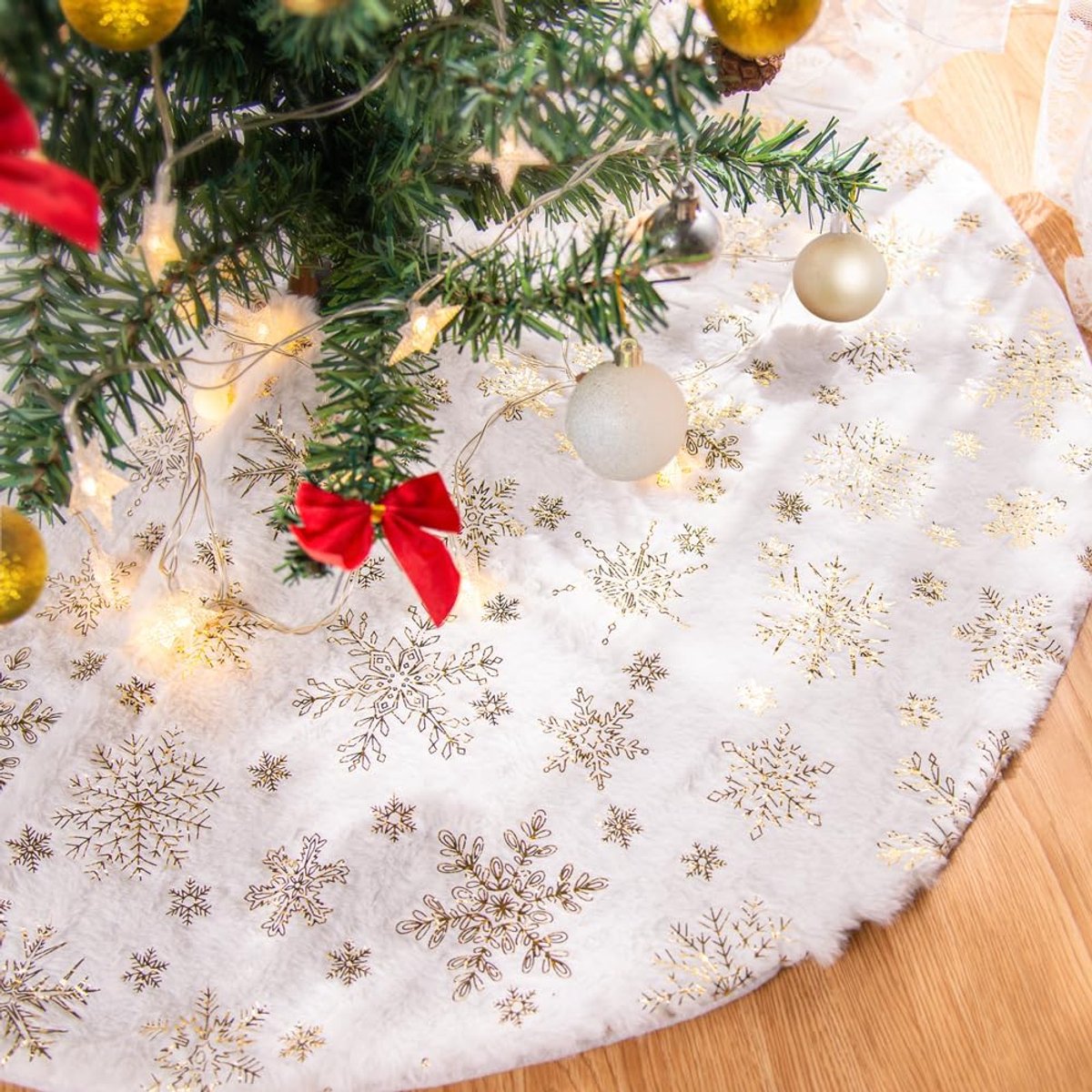 Kerstboom deken kerstboomdeken 122 cm, groot kunstbont sneeuwvlokken rond dennenboom plafond onderlegger tapijt, kerstboomkleed voor kerstboomversiering, kerstdecoratie (goud, 122 cm)