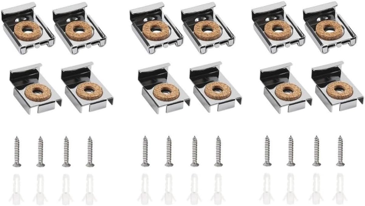 12 stuks (3 set), spiegelhouders, veerbelaste spiegelophangingen, clipset met zware pluggen en schroeven, voor badkamer- en kamerspiegels, glas