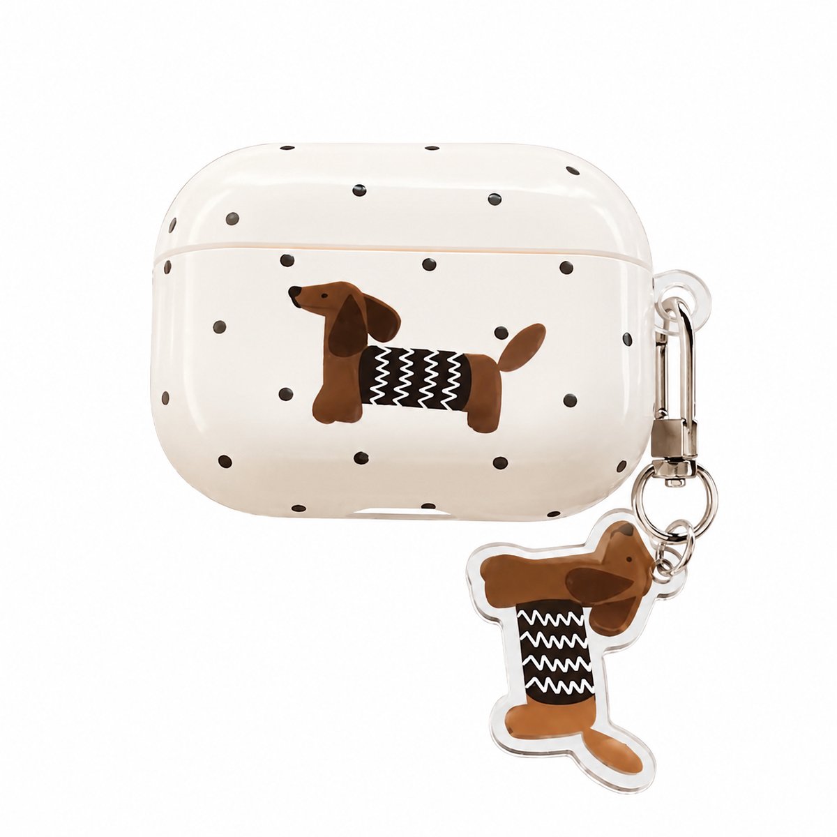 Enluxe Case geschikt voor Airpods 4 - Teckel Print Creme - Hardcase met Hondenhanger, Schokbestendig Hoesje