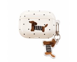 Enluxe Case geschikt voor Airpods 4 - Teckel Print Creme - Hardcase met Hondenhanger, Schokbestendig Hoesje
