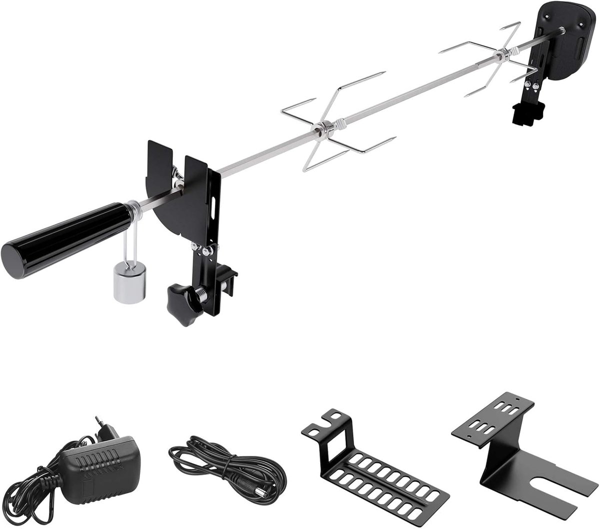 SnelShoppen - Grillspies Set met 2 Vlees Spelden en Motor voor Kogelgrill, Houtskool- en Gasbarbecues, Rotisserie Draaispies 69-137 cm, Roestvrij Staa