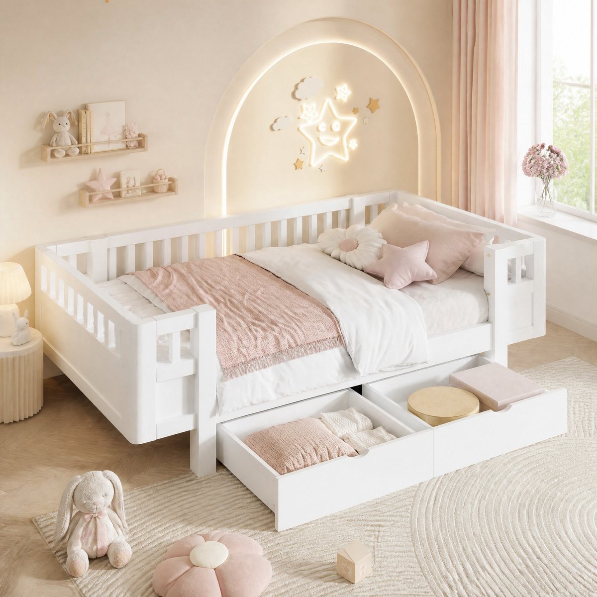 FloraGrace Kinderbed 90x200 cm - Hoog Beschermrek - Met 2 Opberglades - Voor Kinderkamer - Hout en MDF - Zonder Matras - Wit