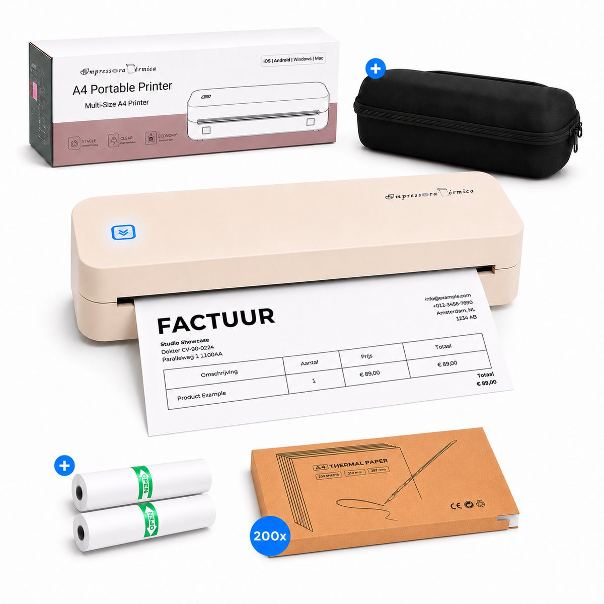 Impressora Térmica® - Thermische A4 printer - Combideal met Draagtas + 200 Vellen Thermisch Papier + 2 papierrollen - Mini Printer voor Mobiel/Tablet/Laptop - 304 DPI - Pocket Printer - Tattoo printer - Beige
