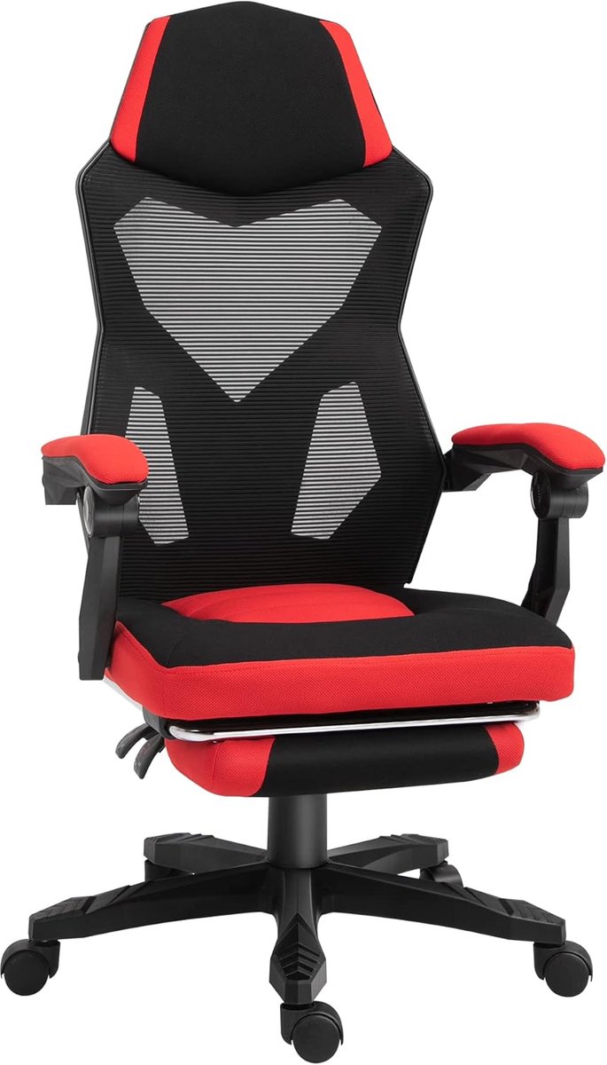 ergonomische kantoorstoel, gamestoel, draaistoel met voetsteunen, pc-stoel, directiestoel, in hoogte verstelbaar, polyester, zwart+rood, 58 x 72 x 108-118 cm