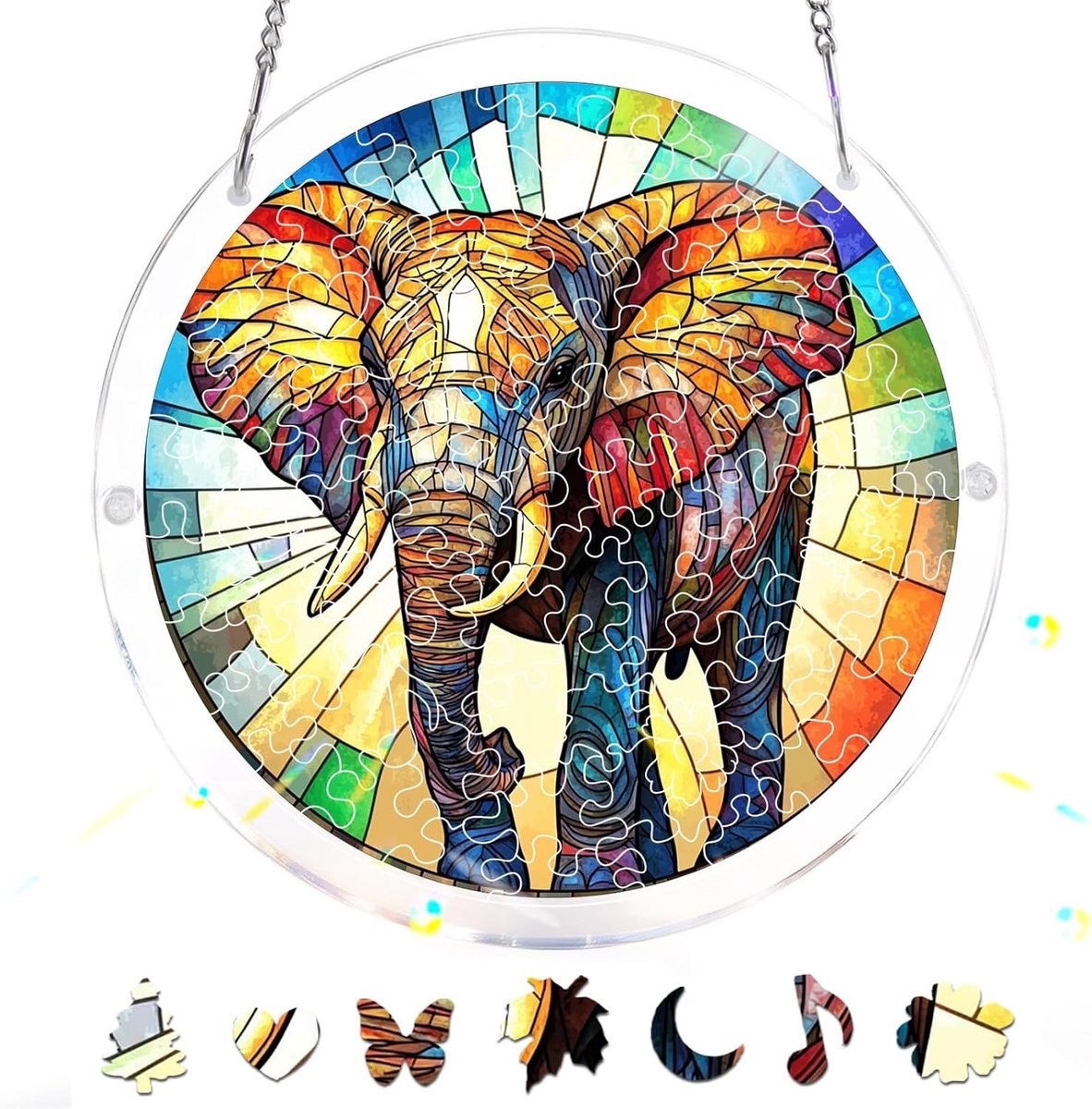 83-Delige Acryl Puzzel-Zonnvanger –Olifant Raamhanger in Glas-in-Loodstijl, Creatief Moederdagcadeau, Zonnvanger-Decoratie Voor Tuin & Huis, Verjaardagscadeau, 18x18 cm A24
