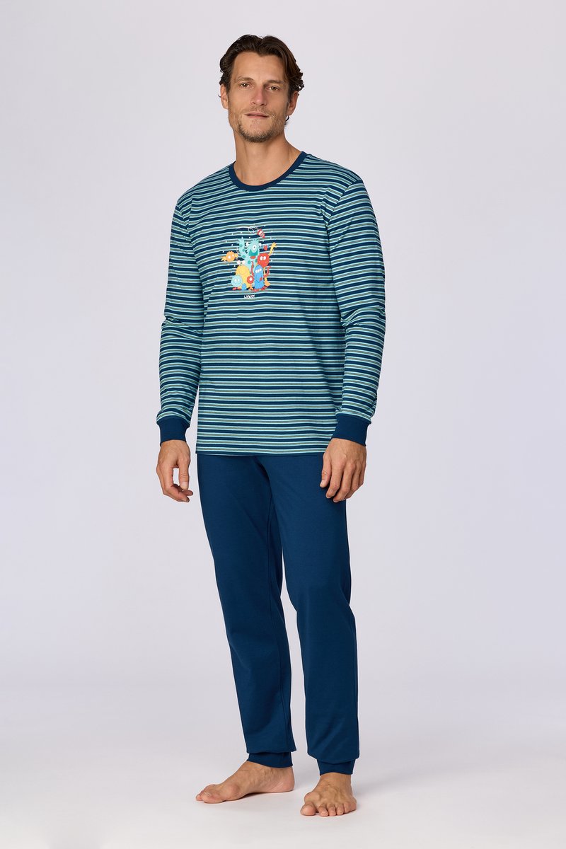 Woody pyjama jongens/heren - blauw gestreept - aliens - 262-10-PLC-S/905 - maat S