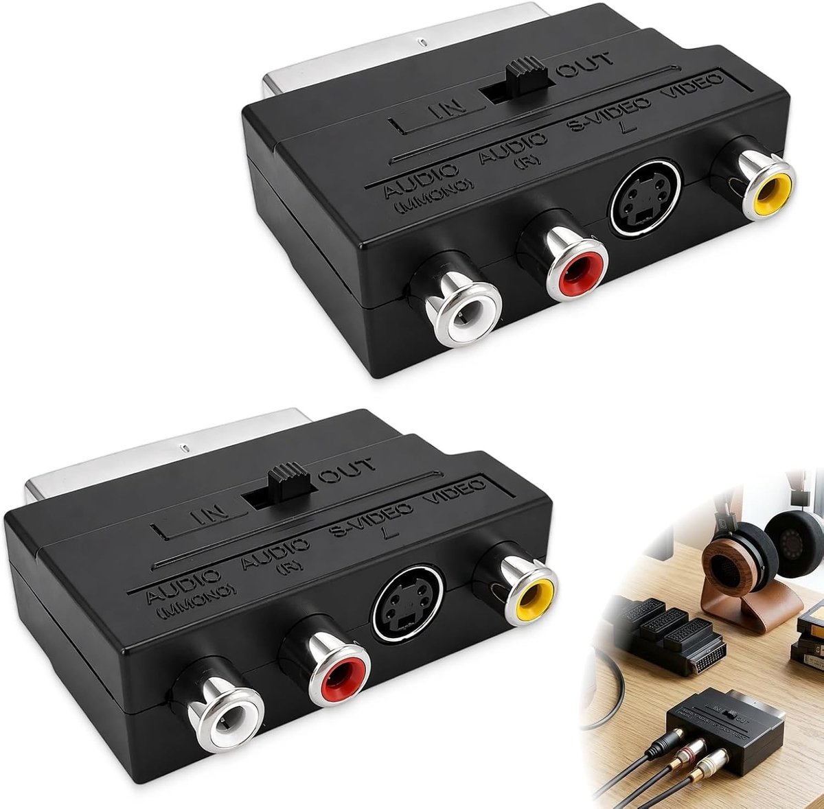 Scart naar 3 x cinch bussen schakelaar met S Video en AV audio video adapter voor TV, DVD en projector, plug and play, zwart, 2 stuks