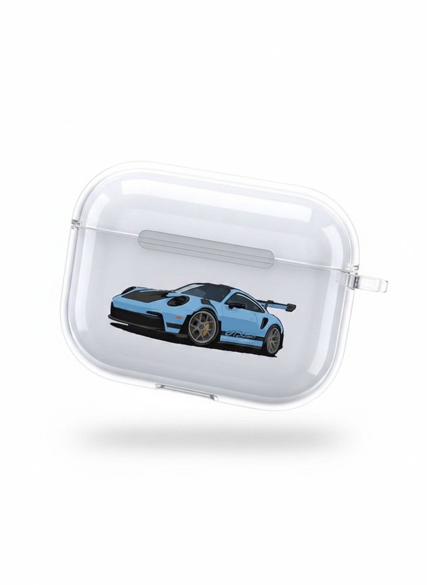 Enluxe Case geschikt voor Airpods 4 - Blauwe Sportwagen - Transparant Hoesje met Karabijnhaak, Schokbestendig