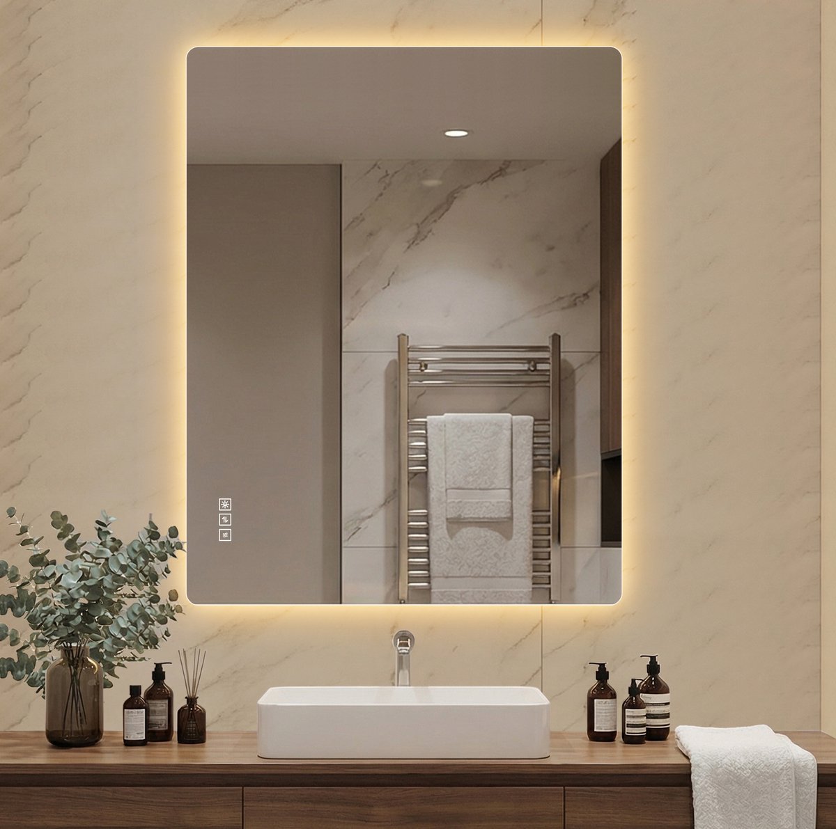 MODENUIT Wandspiegel – 70 x 90 cm – LED Verlichting – Glas – Zilver – Anti-condens en Touchbediening