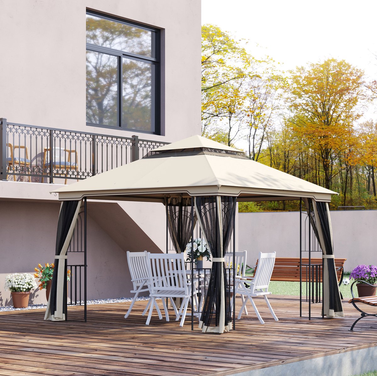 Paviljoen Dubbeldak 2,99 x 2,99 m Metaal Polyester Beige Met 4 Afneembare Zijwanden Voor Tuin En Terras