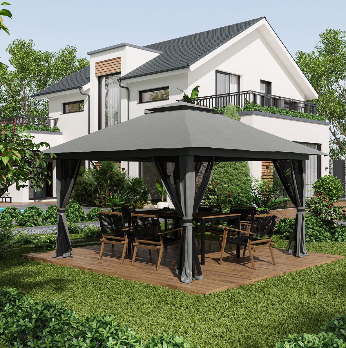 Paviljoen Opvouwbaar 392 X 392 X 283 Cm - Dubbeldak - Oxford Polyester - Donkergrijs - Tuin en Terras