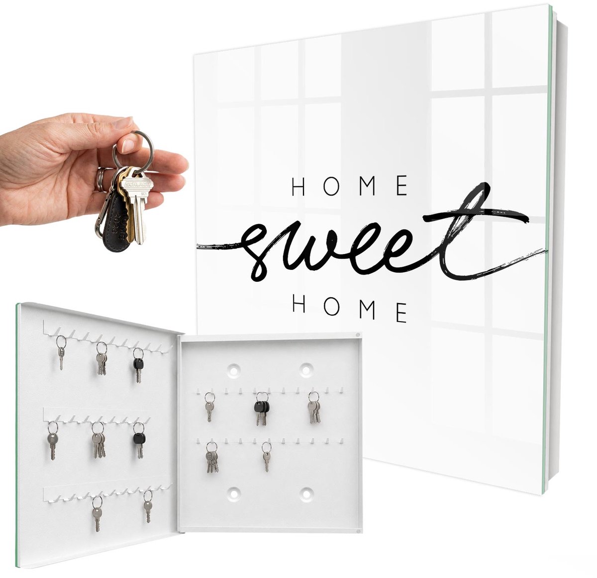 WallMuralia - Sleutelkast - 30x30x5 cm - met 50 haken - Huiselijke Charme Sleutelkastje - Zwart-Wit Sleutelbox - Linksopenend - Wit interieur