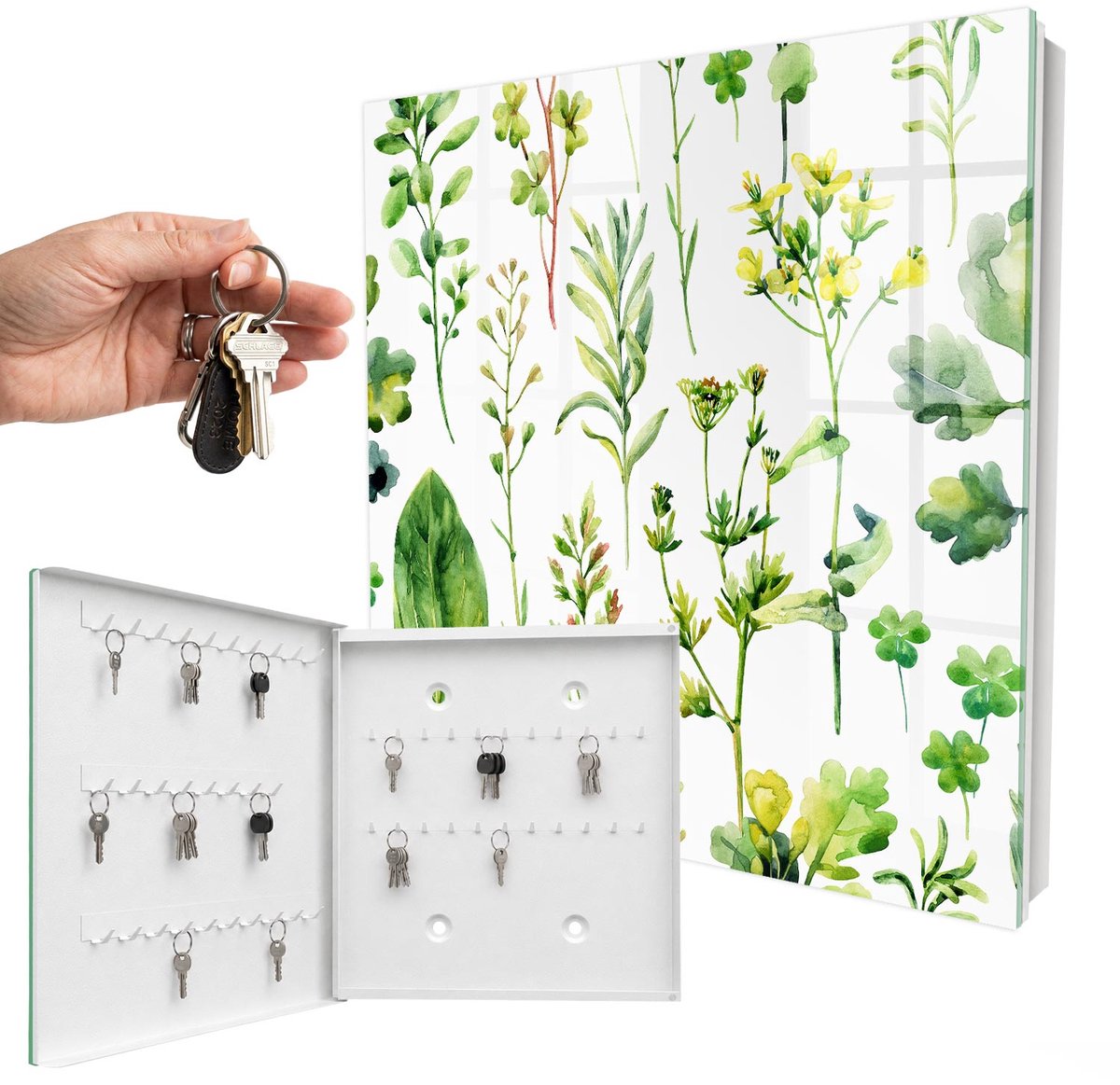 WallMuralia - Sleutelkast - 30x30x5 cm - met 50 haken - Plantenaquarel Sleutelkastje Design - Groente Sleutelbox - Linksopenend - Wit interieur