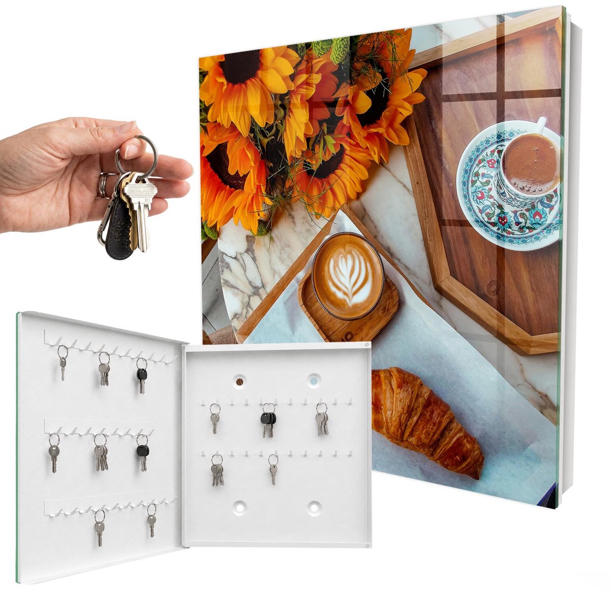 WallMuralia - Sleutelkast - 30x30x5 cm - met 50 haken - Ochtendmomenten Sleutelkastje Design - Oranje Sleutelbox - Linksopenend - Wit interieur