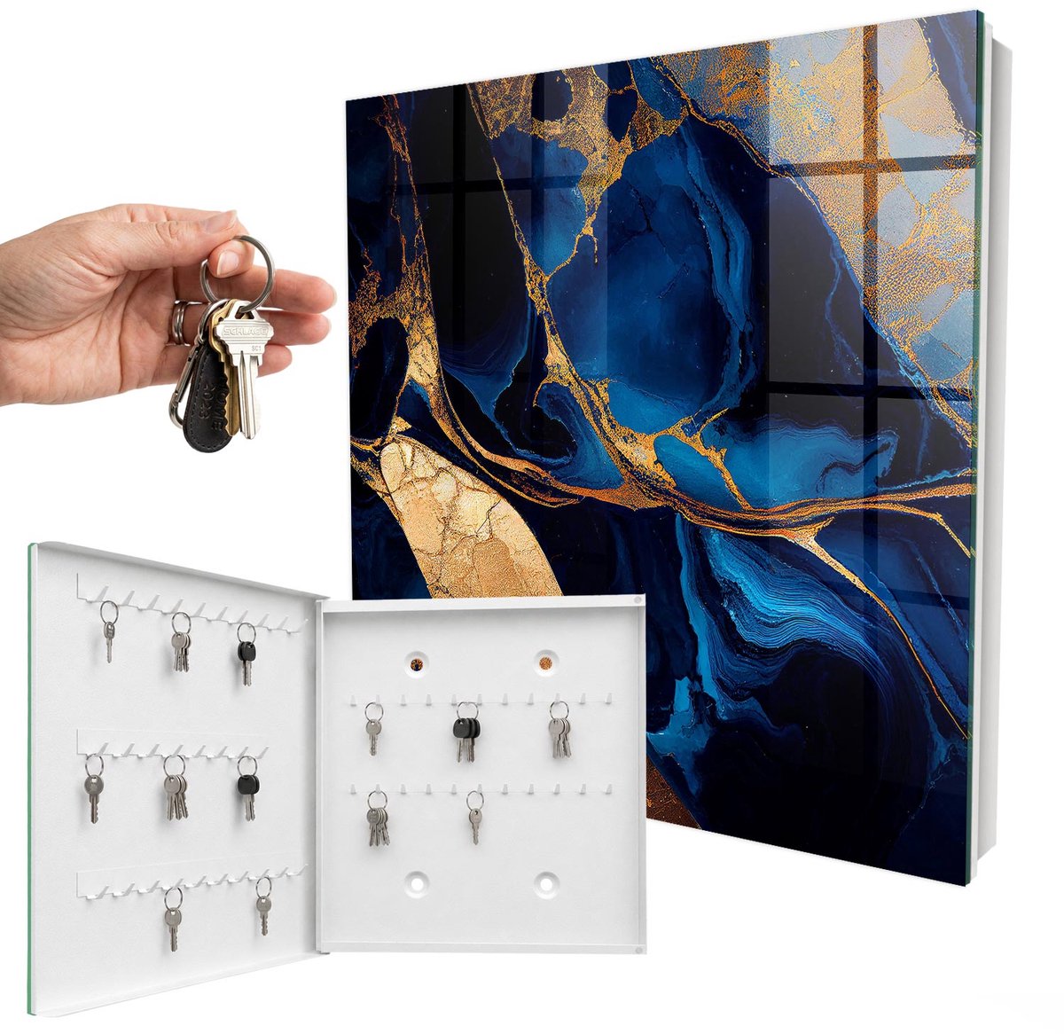 WallMuralia - Sleutelkast - 30x30x5 cm - met 50 haken - Nachtmarmer Sleutelkastje - Blauw Sleutelbox - Linksopenend - Wit interieur