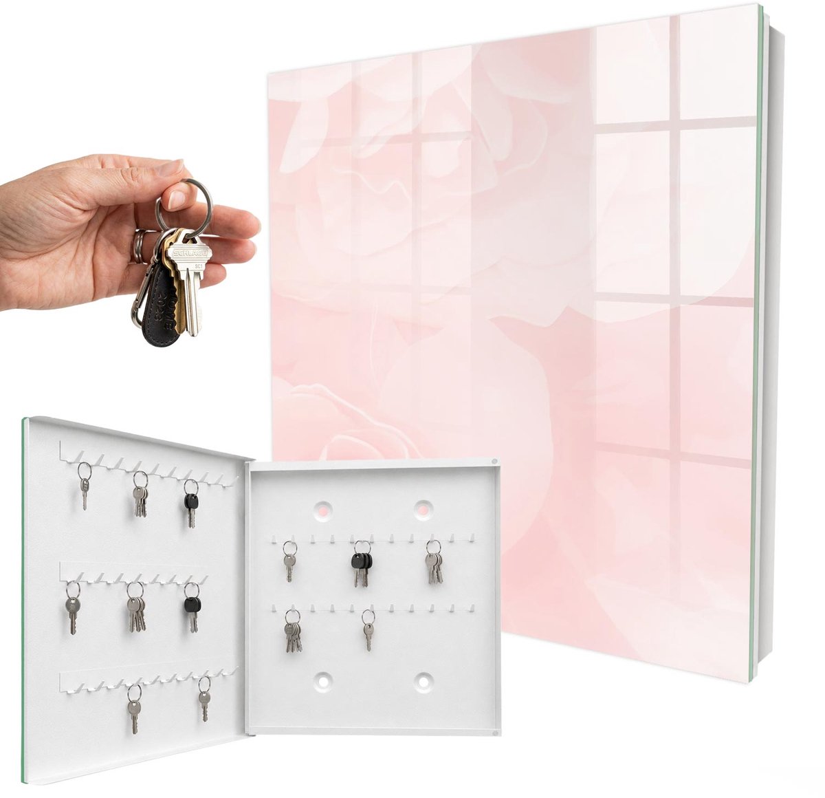 WallMuralia - Sleutelkast - 30x30x5 cm - met 50 haken - Pastel Rozen Sleutelkastje Klein - Roze Sleutelbox - Linksopenend - Wit interieur