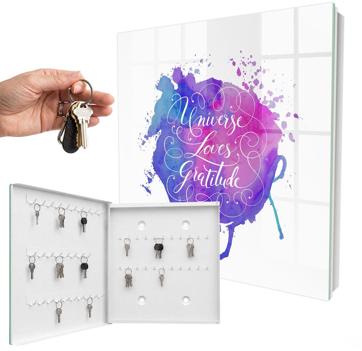 WallMuralia - Sleutelkast - 30x30x5 cm - met 50 haken - Het Universum Houdt Van Dankbaarheid. Sleutelkastje Huis - Paars Sleutelbox - Linksopenend - Wit interieur