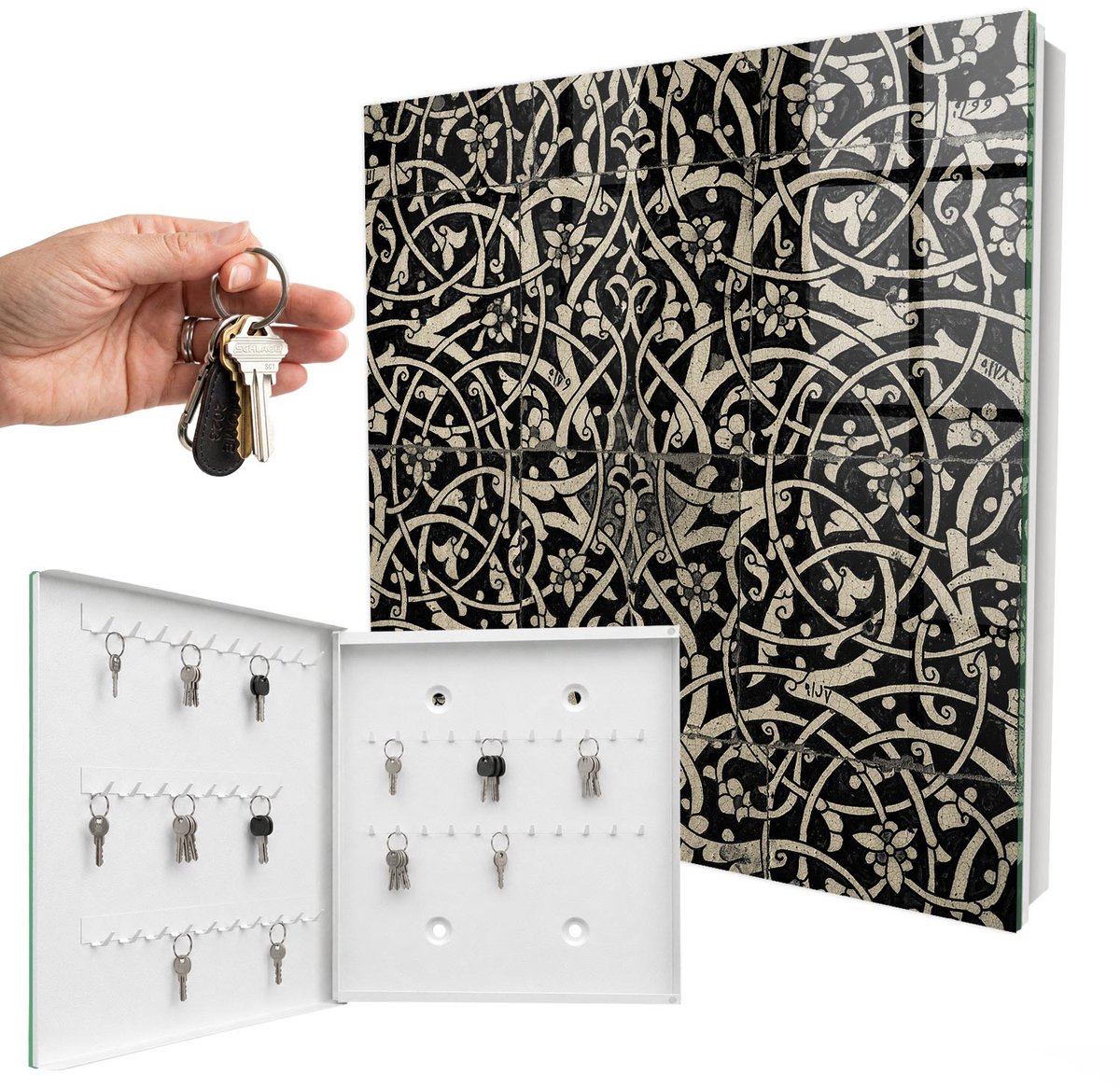 WallMuralia - Sleutelkast - 30x30x5 cm - met 50 haken - Decoratieve Elegantie Sleutelkastje - Beige Sleutelbox - Linksopenend - Wit interieur