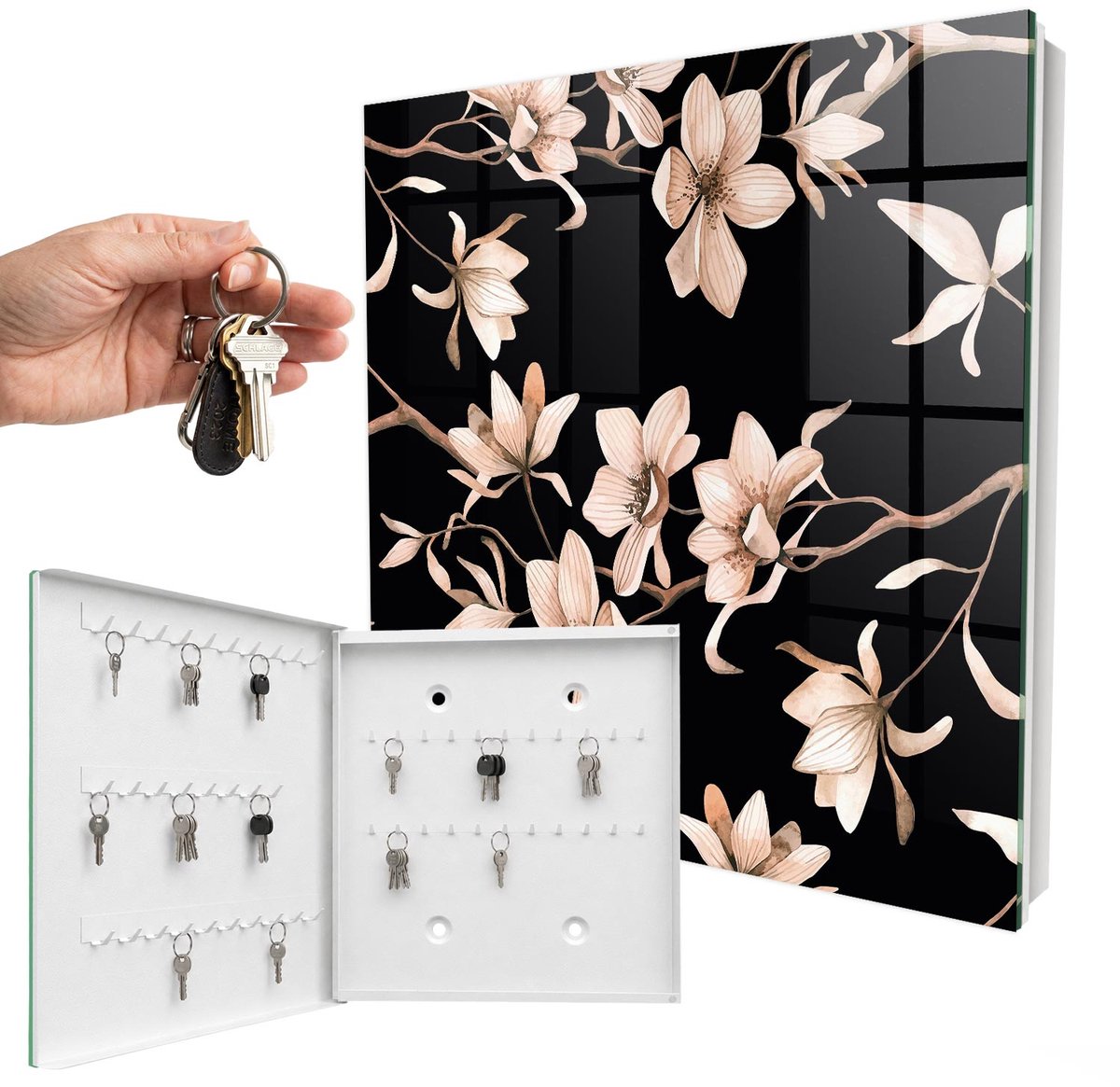 WallMuralia - Sleutelkast - 30x30x5 cm - met 50 haken - Crème Bloemen Sleutelkastje Klein - Zwart Sleutelbox - Linksopenend - Wit interieur