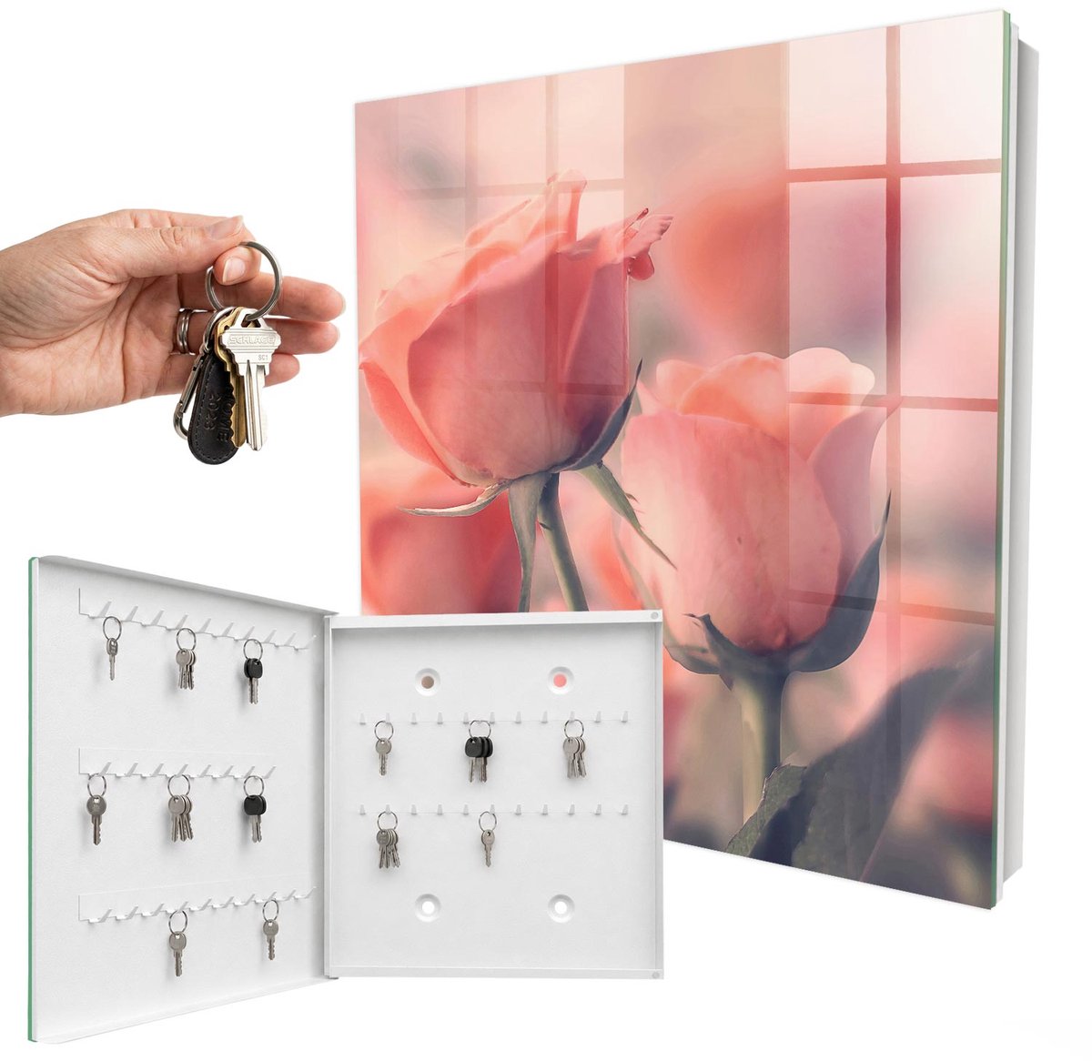 WallMuralia - Sleutelkast - 30x30x5 cm - met 50 haken - Tere Bloemen Sleutelkastje Klein - Roze Sleutelbox - Linksopenend - Wit interieur