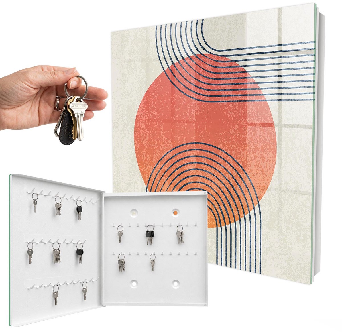 WallMuralia - Sleutelkast - 30x30x5 cm - met 50 haken - Geometrische Lijnen Sleutelkastje Design - Oranje Sleutelbox - Linksopenend - Wit interieur