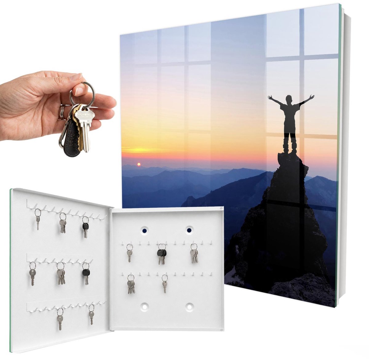 WallMuralia - Sleutelkast - 30x30x5 cm - met 50 haken - De Triomf Van De Natuur Sleutelkastje - Blauw Sleutelbox - Linksopenend - Wit interieur