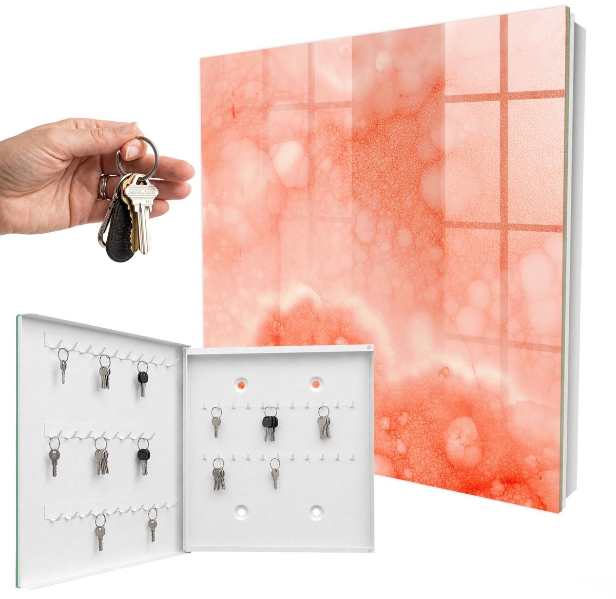 WallMuralia - Sleutelkast - 30x30x5 cm - met 50 haken - Oranje Abstractie Groot Sleutelkastje - Oranje Sleutelbox - Linksopenend - Wit interieur