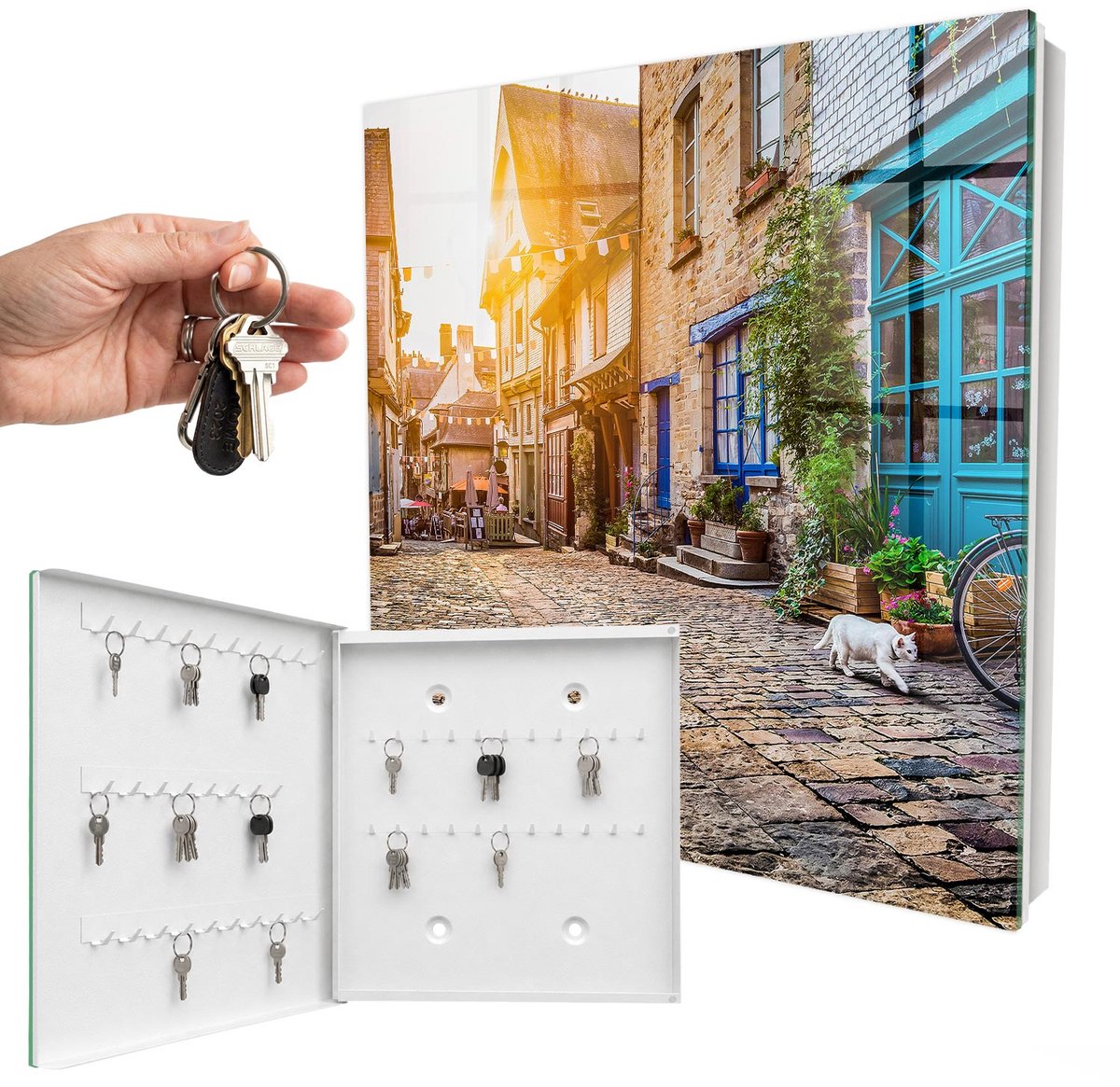 WallMuralia - Sleutelkast - 30x30x5 cm - met 50 haken - Stedelijke Vrede Sleutelkastje Klein - Beige Sleutelbox - Linksopenend - Wit interieur