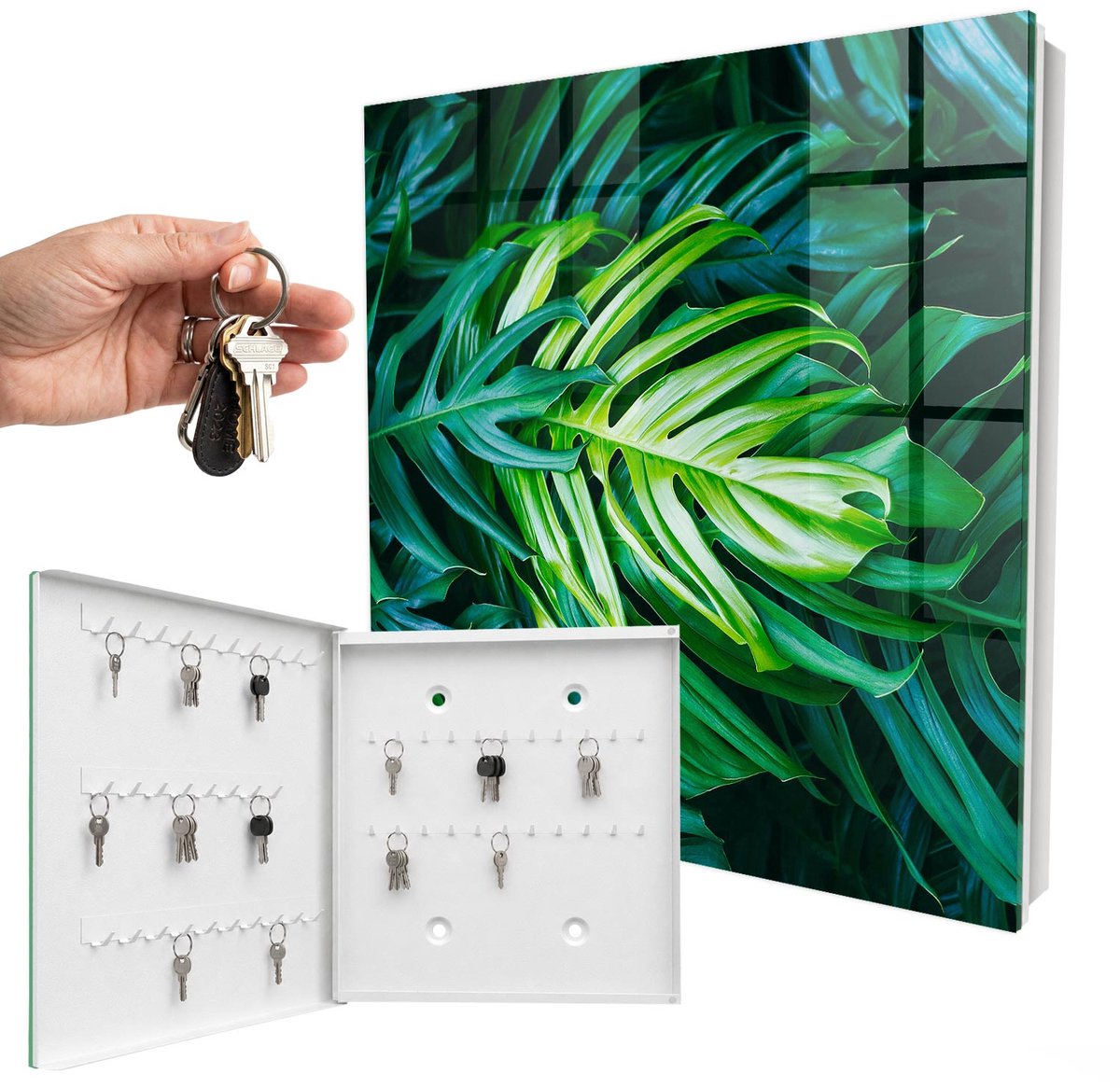WallMuralia - Sleutelkast - 30x30x5 cm - met 50 haken - Groene Bladeren Groot Sleutelkastje - Groente Sleutelbox - Linksopenend - Wit interieur