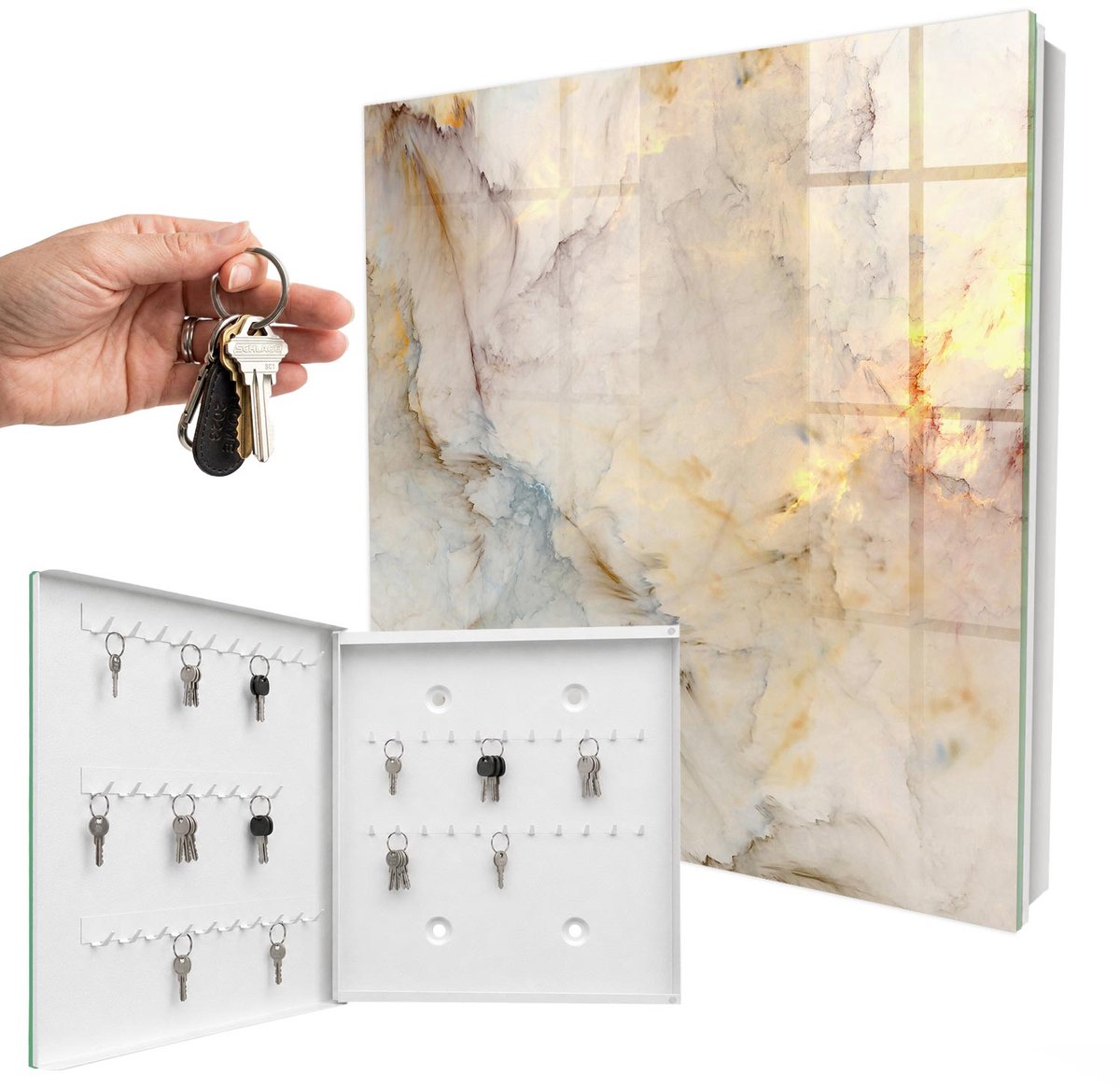 WallMuralia - Sleutelkast - 30x30x5 cm - met 50 haken - Marmeren Elegantie Sleutelkastje Hal - Beige Sleutelbox - Linksopenend - Wit interieur