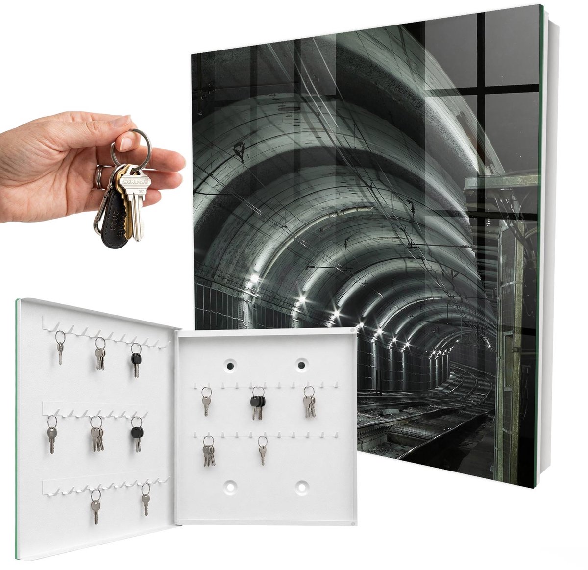 WallMuralia - Sleutelkast - 30x30x5 cm - met 50 haken - Spoorwegtunnel Sleutelkastje Gang - Grijs Sleutelbox - Linksopenend - Wit interieur