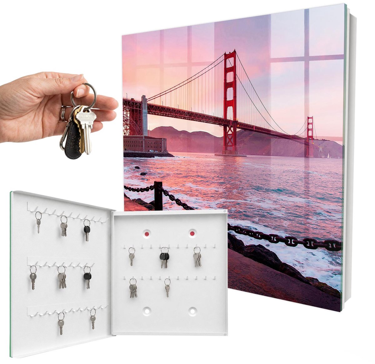 WallMuralia - Sleutelkast - 30x30x5 cm - met 50 haken - Stadsbrug Sleutelkastje Design - Roze Sleutelbox - Linksopenend - Wit interieur