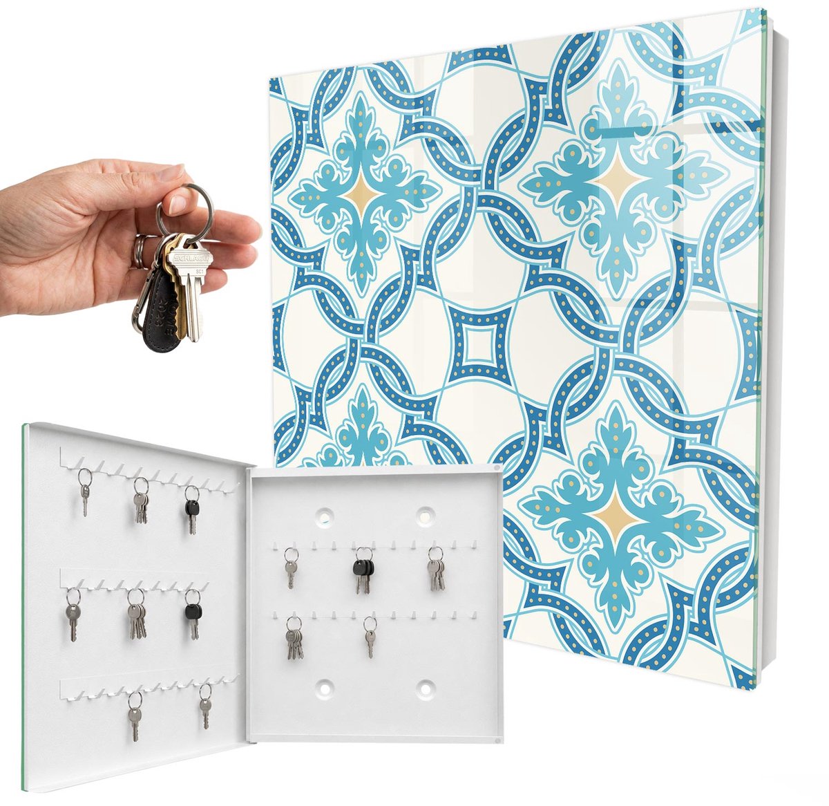 WallMuralia - Sleutelkast - 30x30x5 cm - met 50 haken - Decoratief Mozaïek Sleutelkastje Binnen - Turkoois Sleutelbox - Linksopenend - Wit interieur