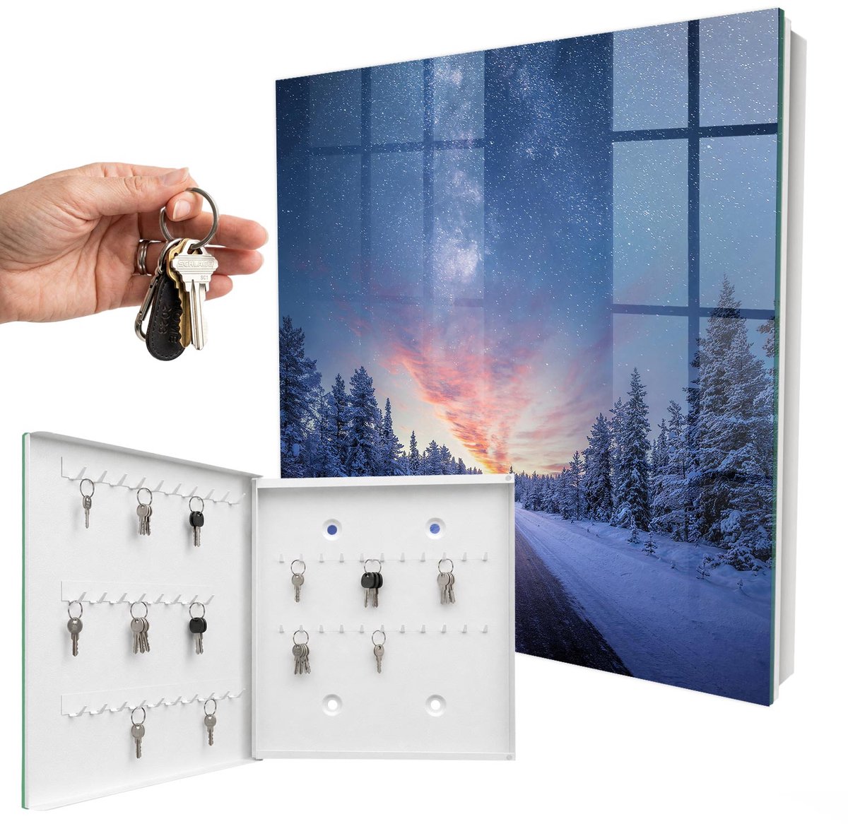 WallMuralia - Sleutelkast - 30x30x5 cm - met 50 haken - Sterren Boven De Weg Sleutelkastje - Blauw Sleutelbox - Linksopenend - Wit interieur